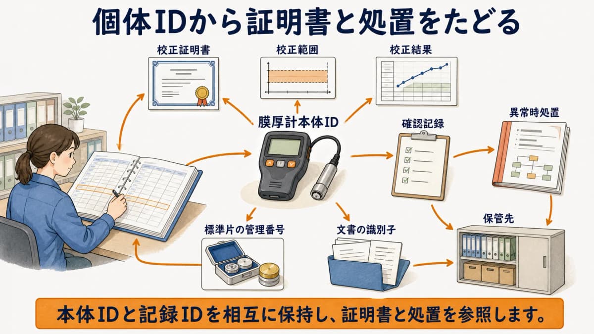 膜厚計本体・標準片・校正証明書・異常時処置を機器IDで結ぶ図解