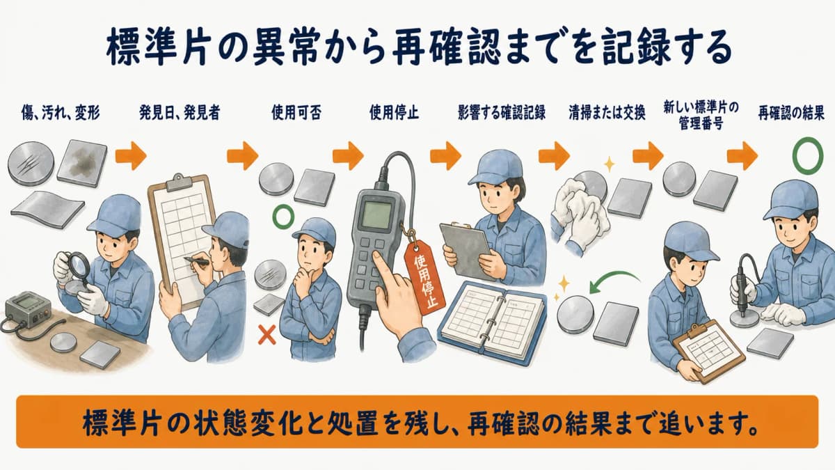 膜厚計の異常発見から影響確認・処置・再確認までを記録する図解