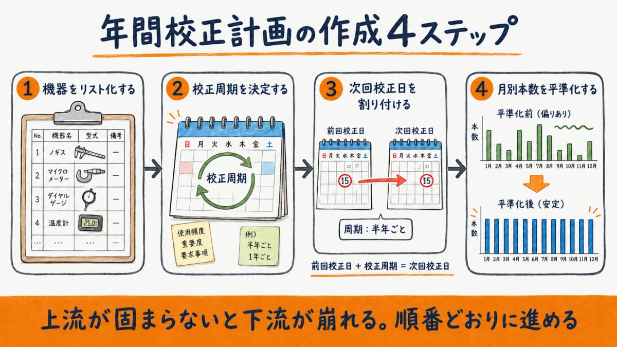 年間校正計画を作る4ステップのフロー図(機器リスト化・周期決定・次回校正日割付・月別平準化)