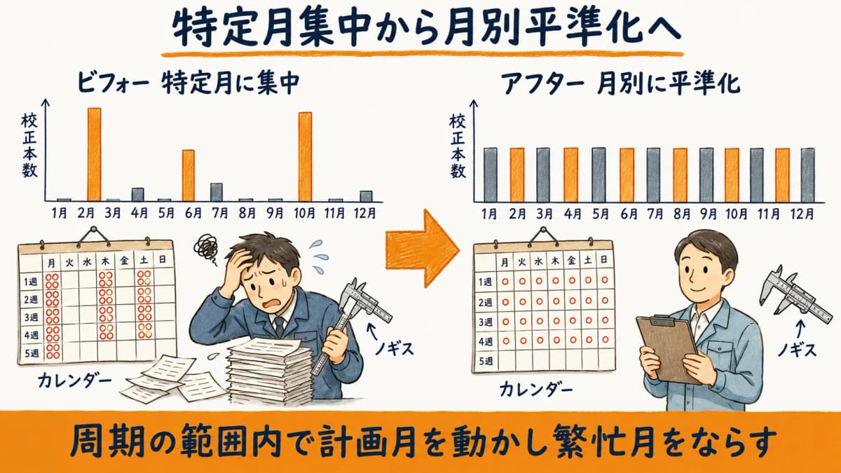 校正本数が特定月に集中した状態から月別に平準化した後を比較したビフォーアフターの棒グラフ