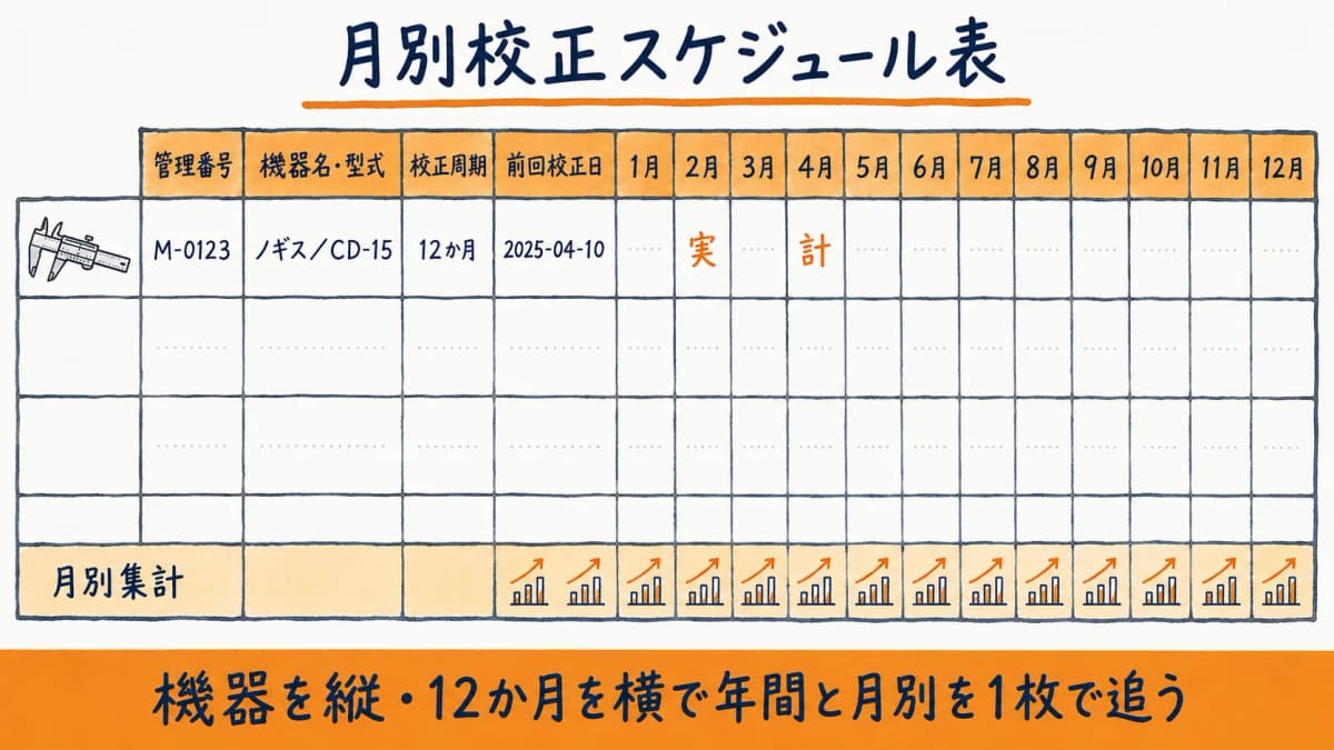 計測器の月別校正スケジュール表テンプレート(機器を縦軸・12か月を横軸にしたマトリクスと月別集計行)