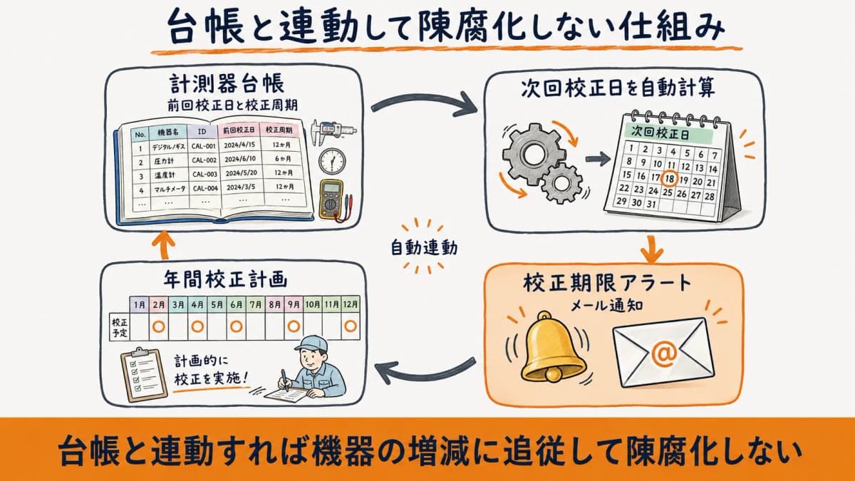年間校正計画と計測器台帳、校正期限アラートが連動して計画が陳腐化しない仕組みを示した図