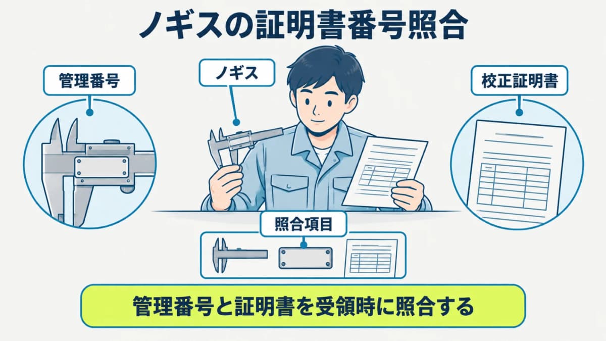 ノギスの管理番号と校正証明書を受領時に照合する
