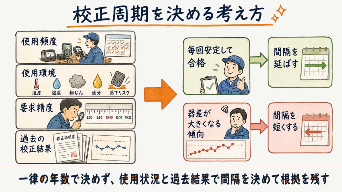 ノギス・マイクロメータの校正周期を使用頻度と環境と過去結果から決める考え方を示したフロー図の図解
