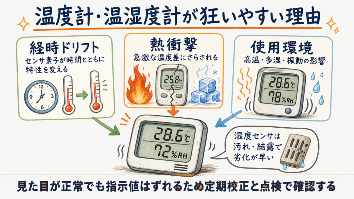 温度計・温湿度計が経時ドリフト・熱衝撃・使用環境で狂う要因を示した図解
