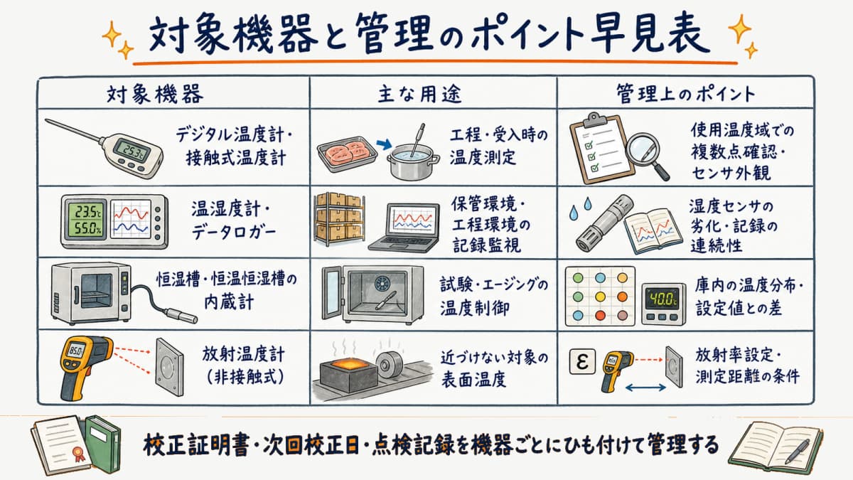 温度計・温湿度計とデータロガー・恒温槽内蔵計など対象機器と管理ポイントの早見表の図解
