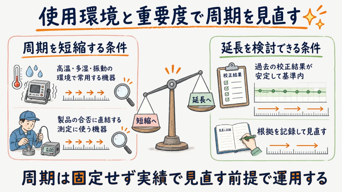 使用環境と重要度で温度計の校正周期を短縮する判断の考え方を示した図解