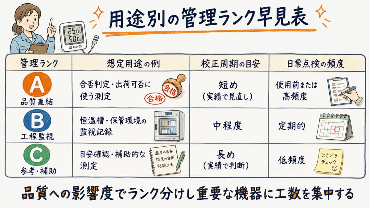 品質への影響度でA・B・Cの3ランクに分けた温度計の用途別管理ランク早見表の図解