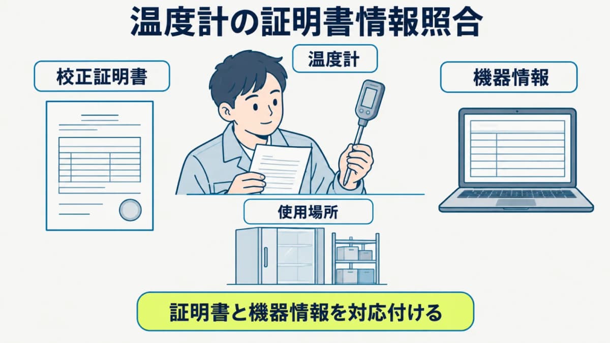 温度計の校正証明書と機器情報を使用場所と対応付ける