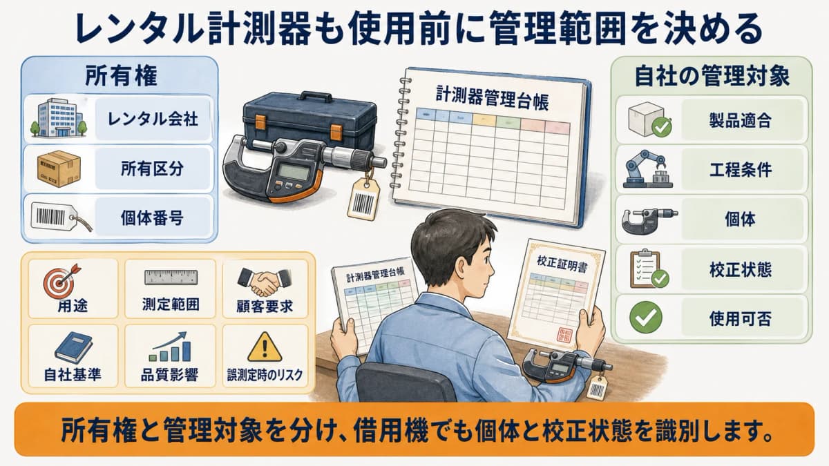 レンタル計測器の所有権と自社の管理対象を分ける図解