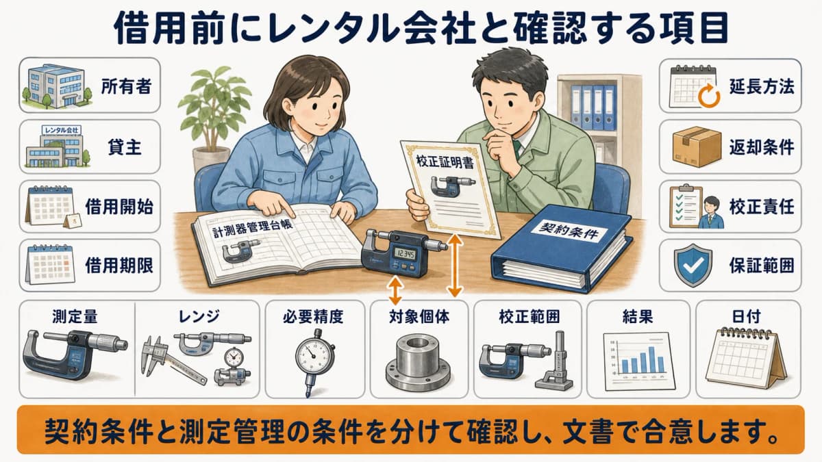 レンタル計測器の所有者・借用期間・校正責任・保証範囲を確認する図解
