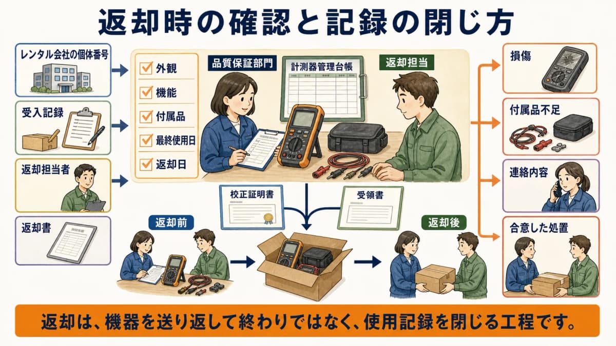 レンタル計測器の返却時に外観・機能・付属品・最終使用日・返却日を記録する図解