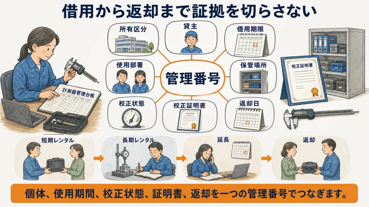 借用機の返却前確認と返却記録を管理番号で閉じる図解