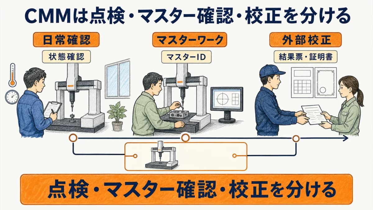 三次元測定機の日常確認マスター確認外部校正を分ける3層図