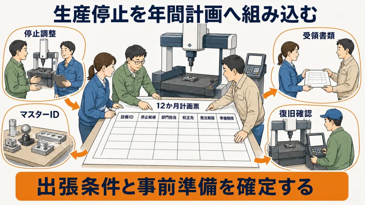 三次元測定機の停止候補決定から出張準備までを並べる年間工程表