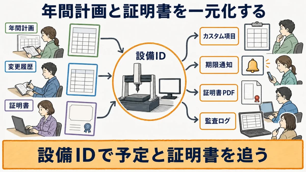 三次元測定機の年間予定変更履歴証明書を管理機能へ対応させる表