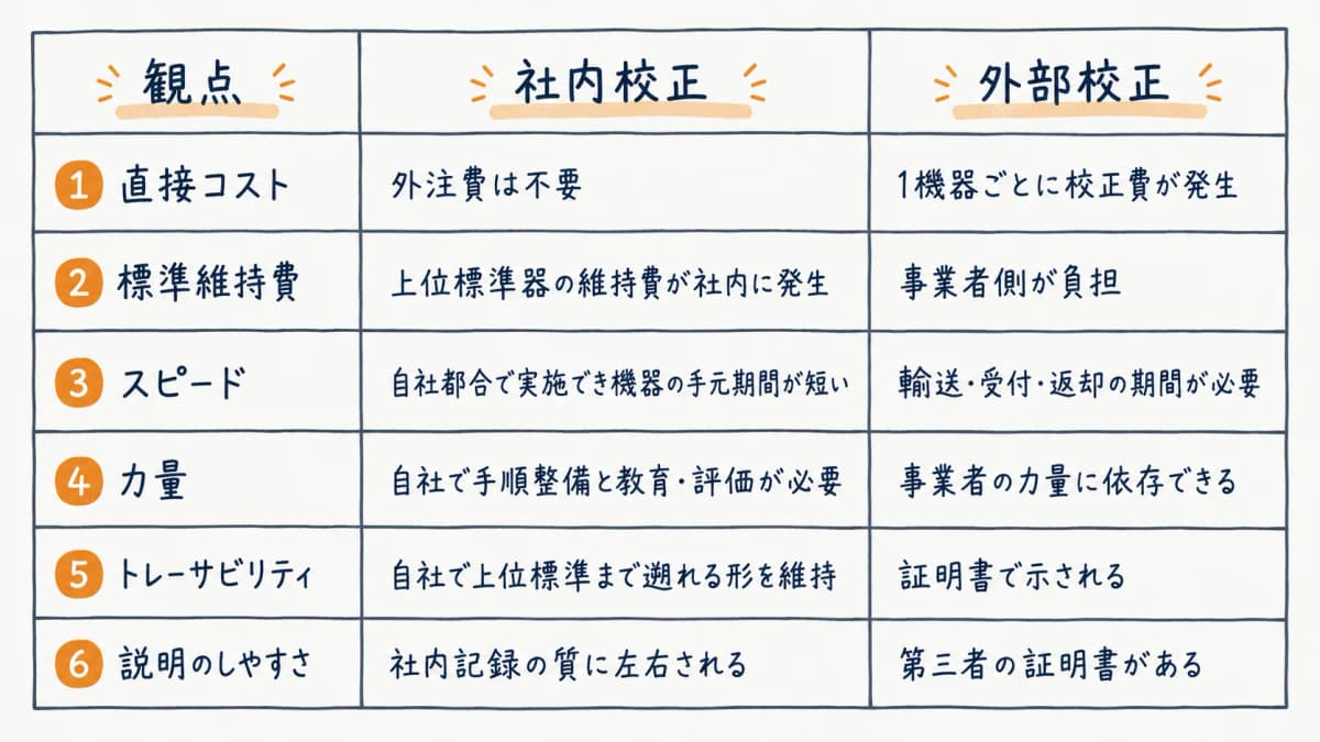 社内校正と外部校正をコスト・スピード・力量・標準・トレーサビリティの観点で比較した表