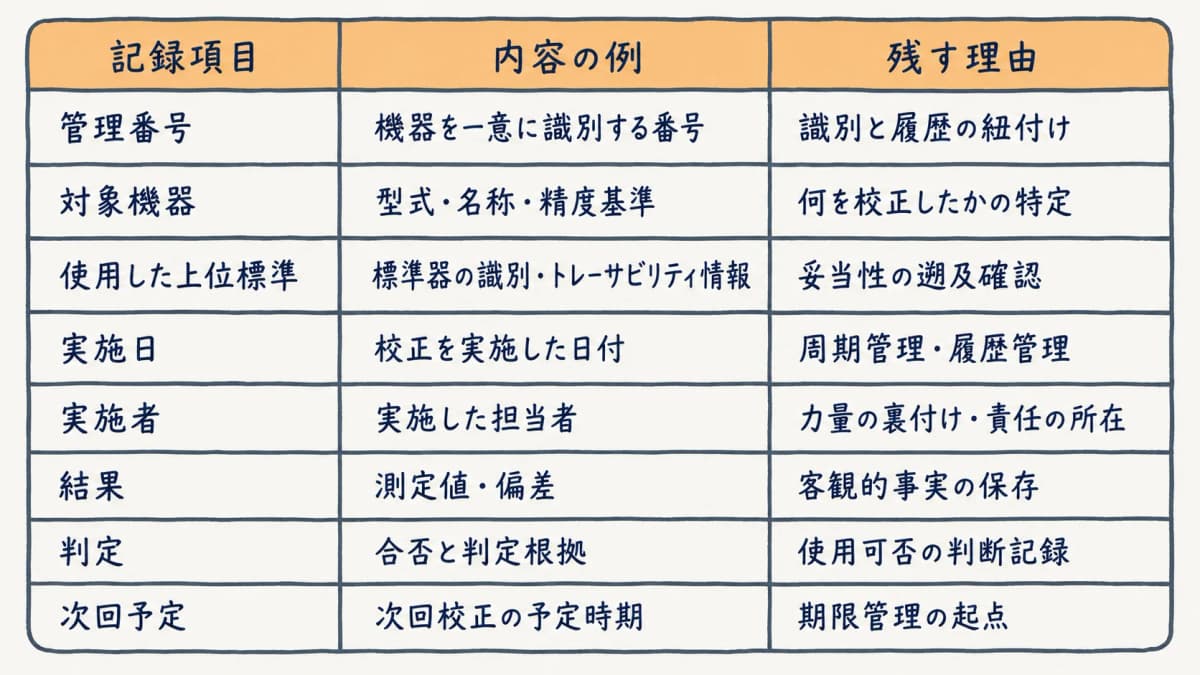 管理番号・対象機器・使用した上位標準・実施日・実施者・結果・判定・次回予定を並べた社内校正の記録項目テンプレ