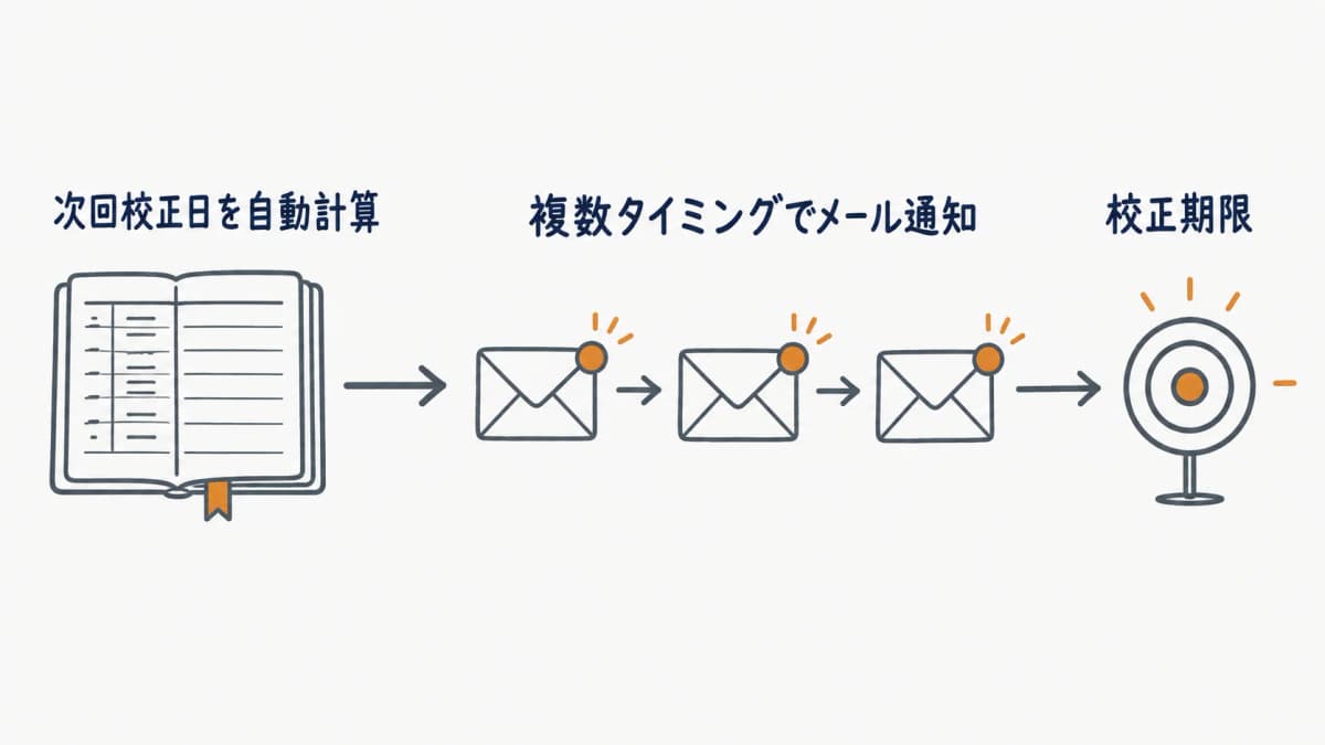 校正期限を複数のタイミングでメール通知する期限アラート運用のイメージ