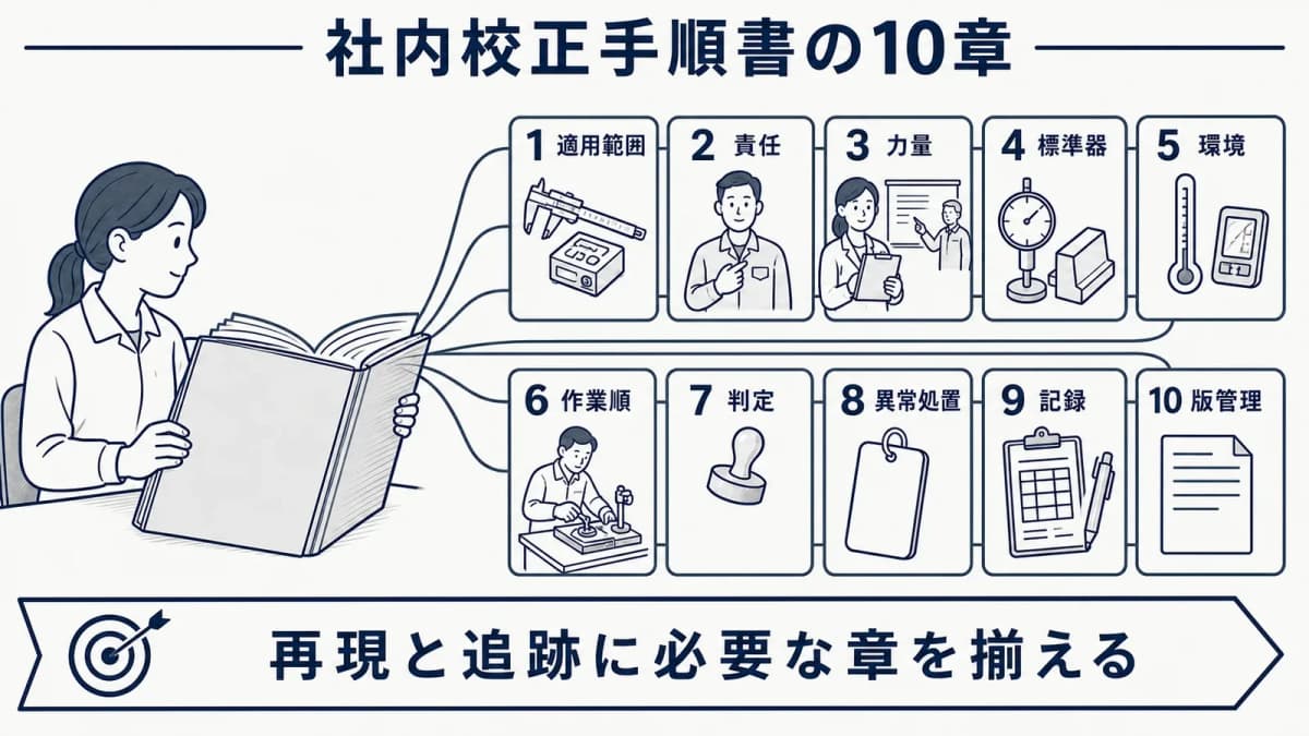 社内校正手順書の10章と関連記録を示す構成図