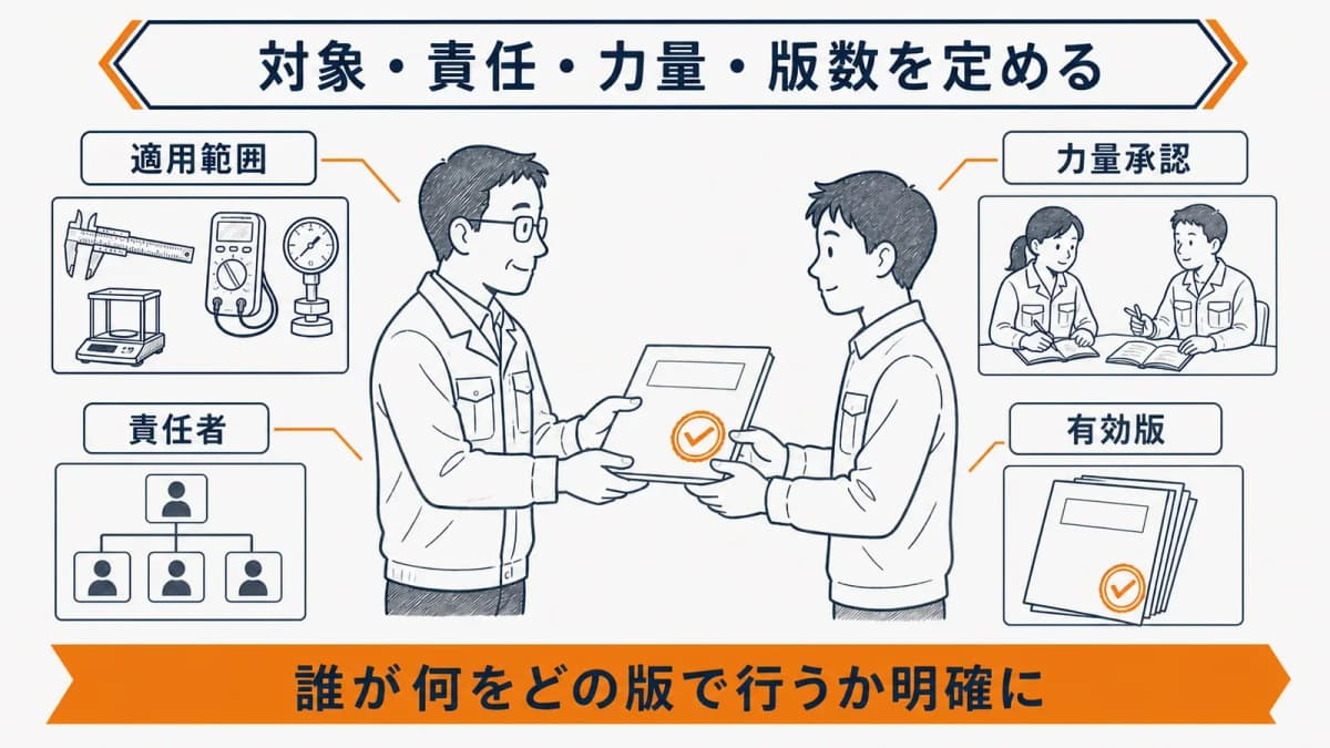社内校正の実施確認承認と版管理を示す責任分担表