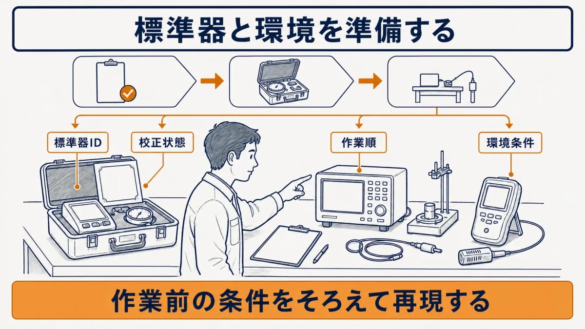 標準器と環境条件から作業開始までを確認する準備チェック表