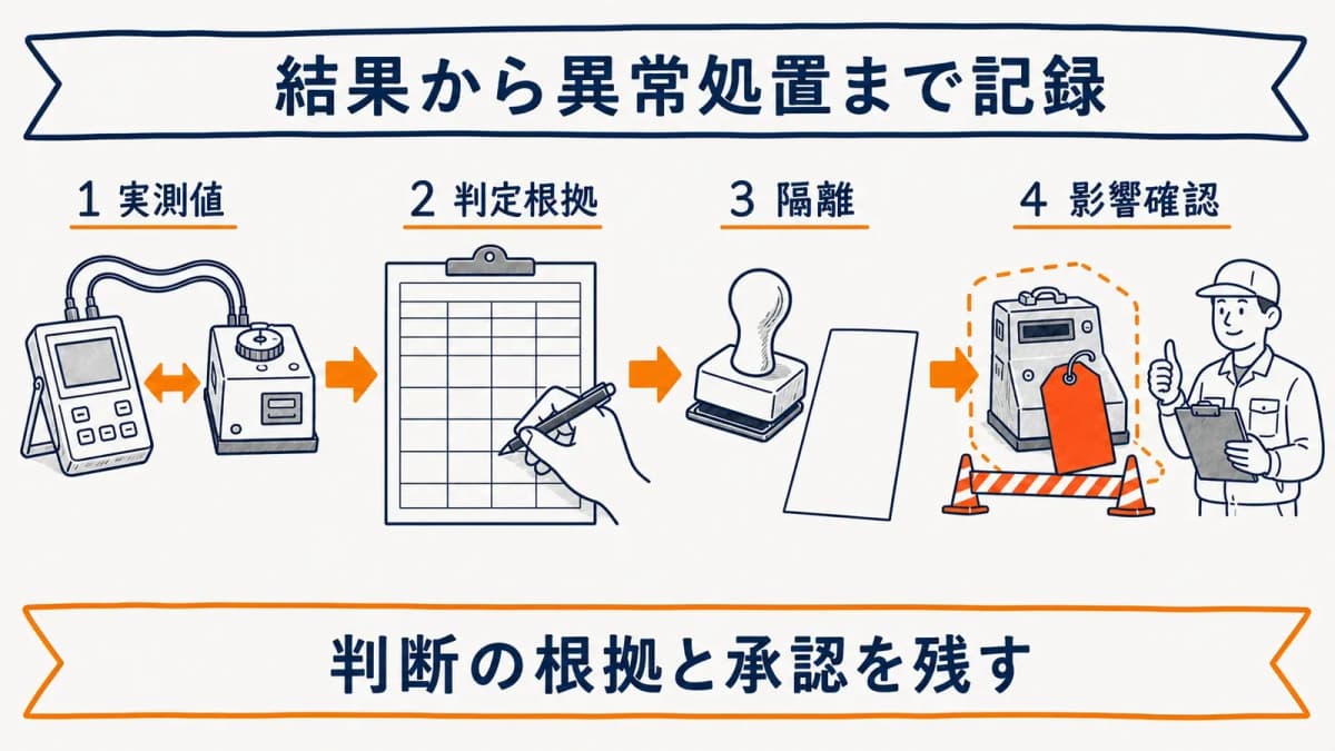 社内校正で基準外を検出した後の隔離と承認を示す異常処置フロー