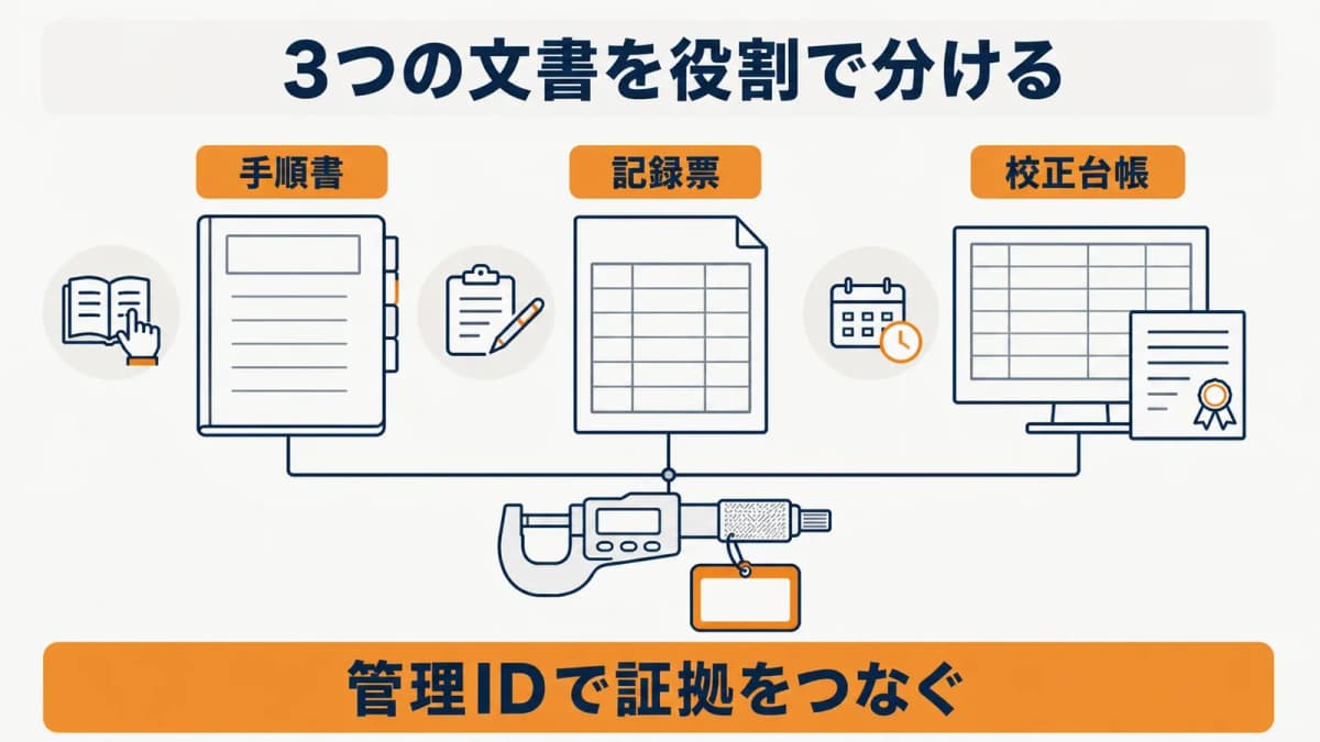 手順書と記録票と台帳を管理IDで結ぶ文書体系図