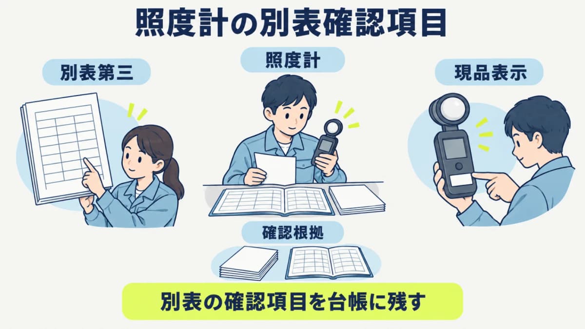 照度計の別表第三の確認項目を管理台帳へ記録する