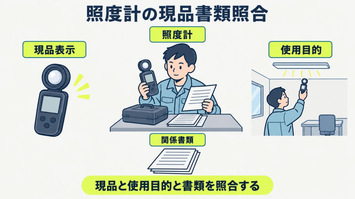照度計の現品・使用目的・書類を順に照合する