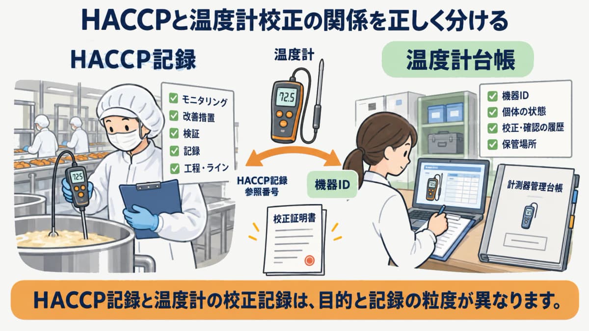 食品工場の品質保証部門が温度計とHACCP記録を機器IDで確認する図解