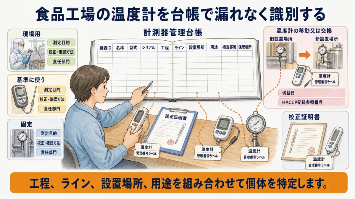 食品工場の複数ラインにある温度計を管理番号ラベルで識別する図解