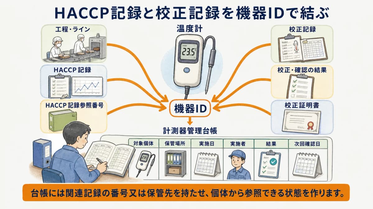 食品工程の温度計とHACCP記録と校正証明書を機器IDで結び付ける図解