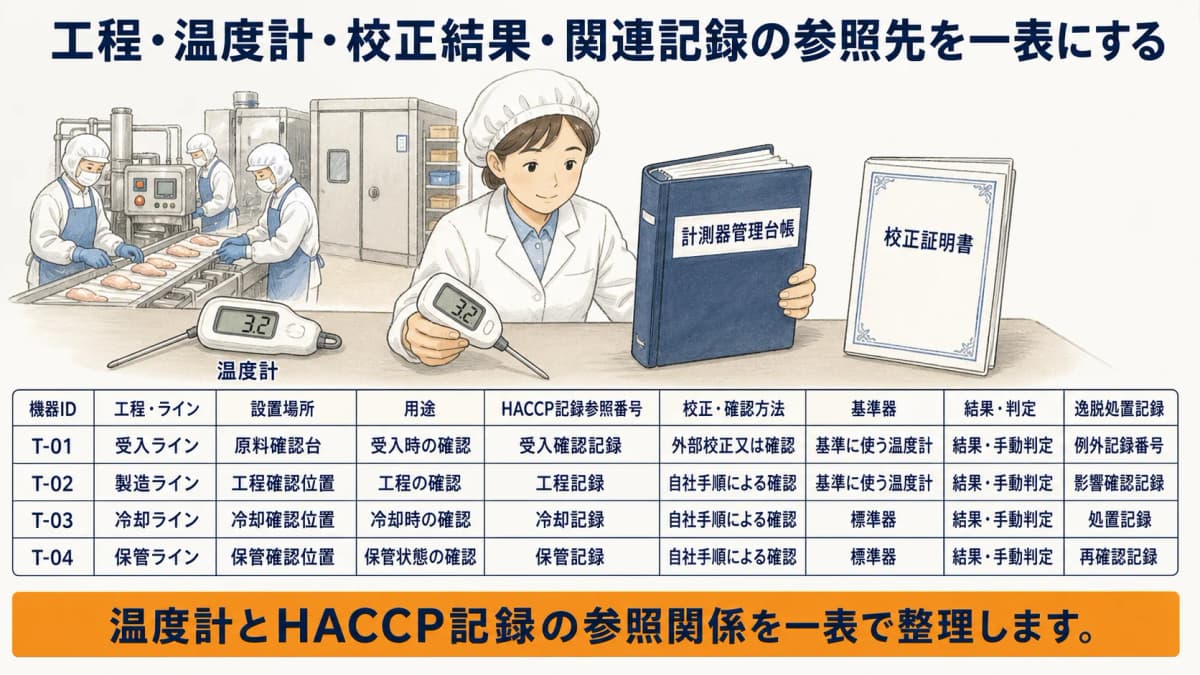 温度計の機器IDから工程と校正結果と関連記録へたどる図解