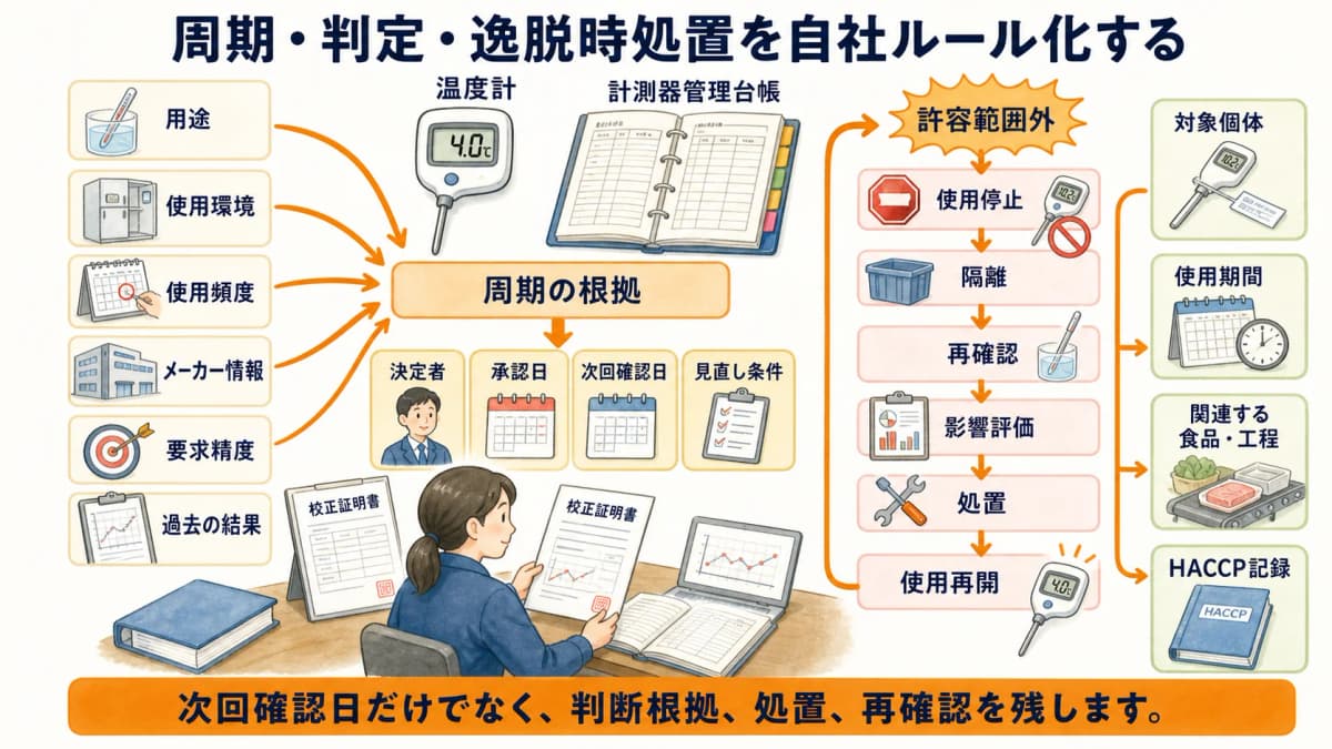 温度計の周期根拠と許容範囲外の影響確認を記録する図解