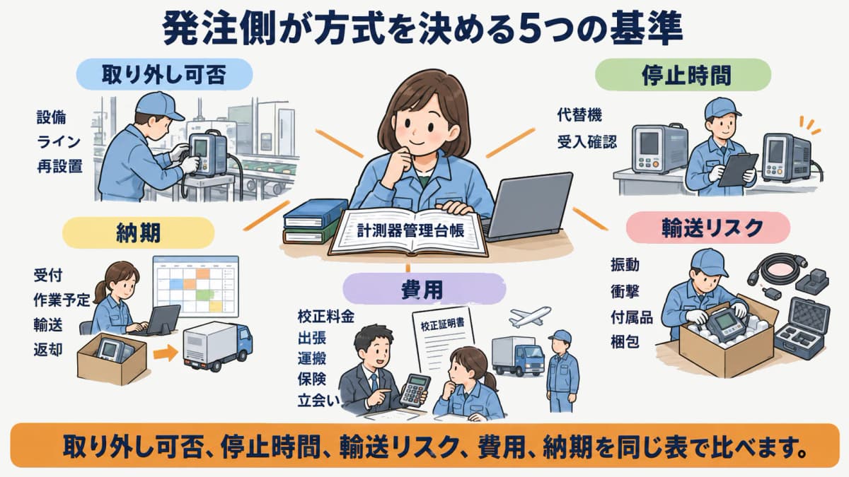取り外し可否・停止時間・輸送リスク・費用・納期の5軸で校正方式を選ぶ図解