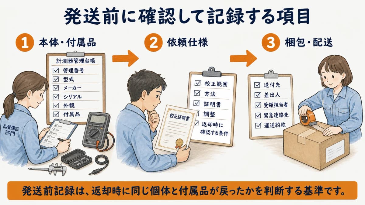 宅配校正の発送前に本体・付属品・依頼仕様・状態を照合する図解