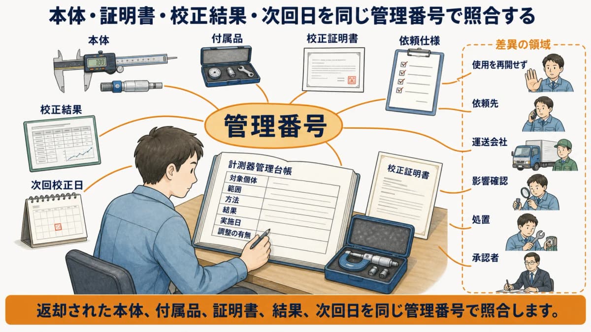 返却された本体・付属品・校正証明書・結果・次回日を管理番号で照合する図解