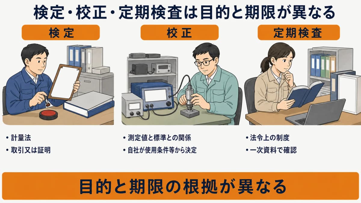 検定と校正と定期検査の目的と期限を分ける三制度図