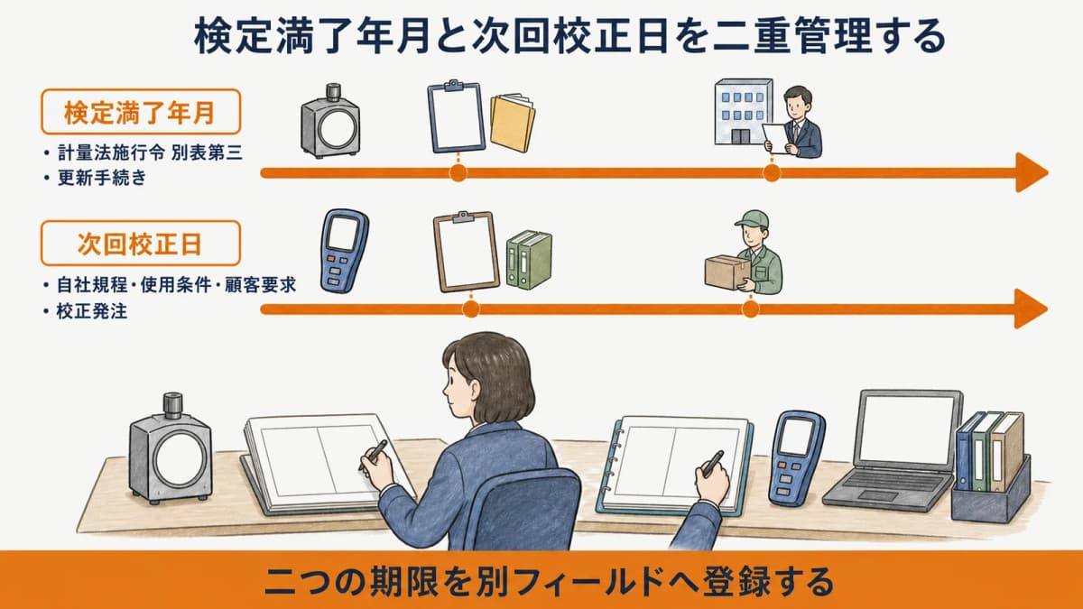 検定満了年月と次回校正日を別々に更新する二重期限の時系列