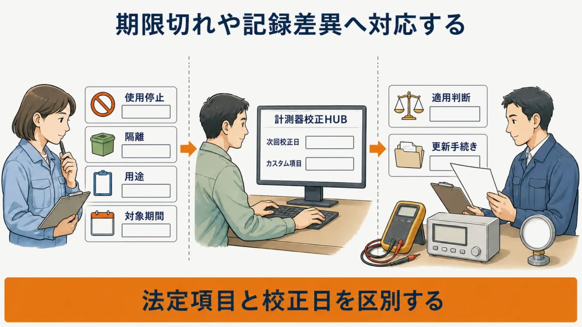 検定満了項目と次回校正日を区別する管理機能の境界図