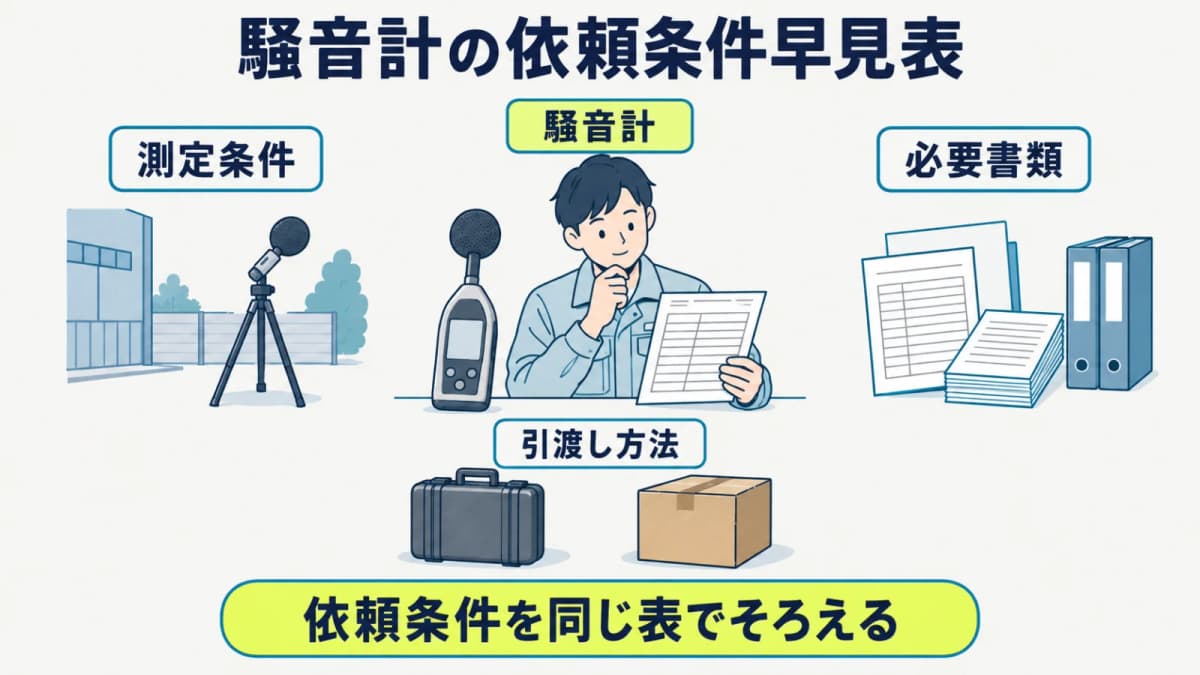 騒音計の依頼条件を型式・測定条件・書類でそろえる早見表
