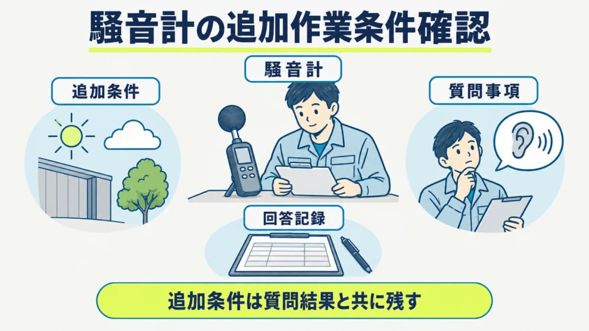 騒音計の追加確認を依頼条件ごとに記録する手順