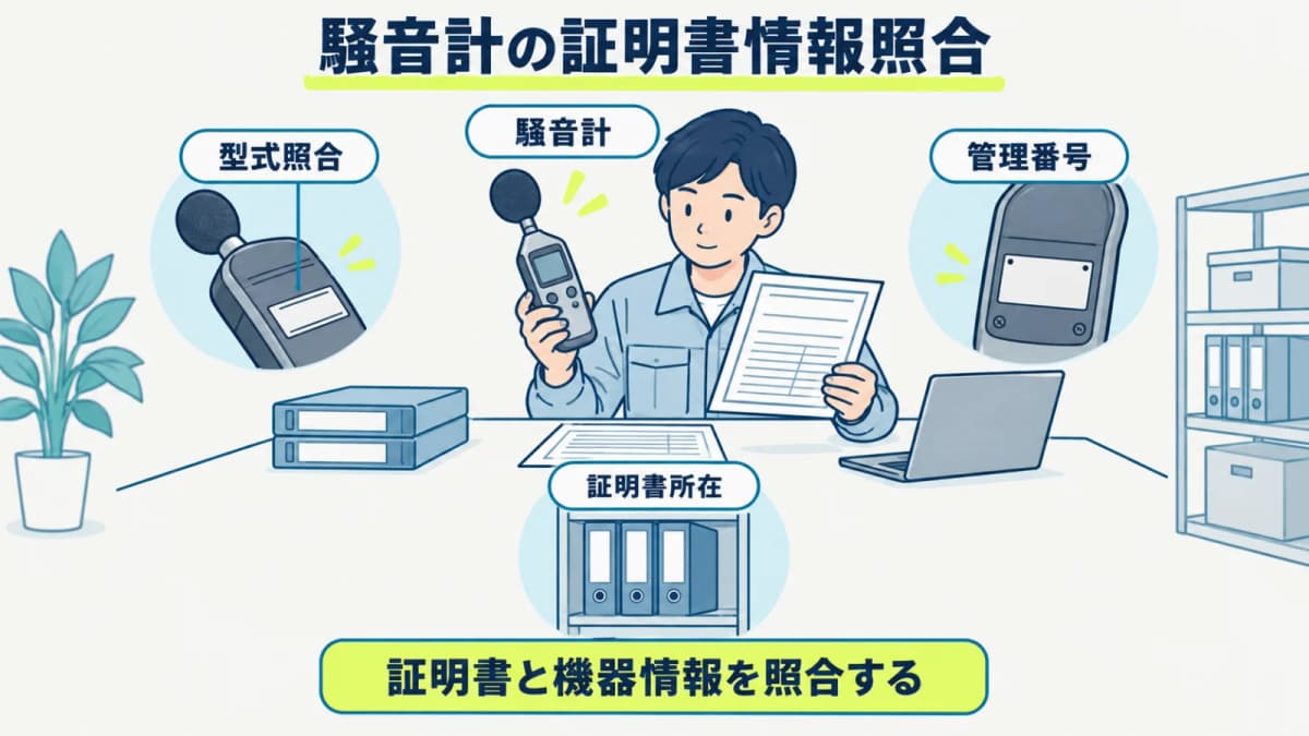 騒音計の型式照合と管理番号を証明書所在と対応付ける