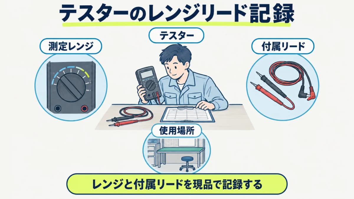 テスターの測定レンジと付属リードを現品ごとに記録する