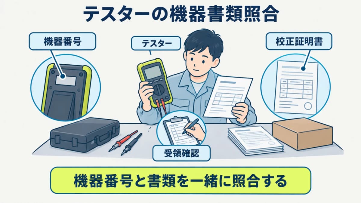 テスターの機器番号と校正証明書を受領時に照合する