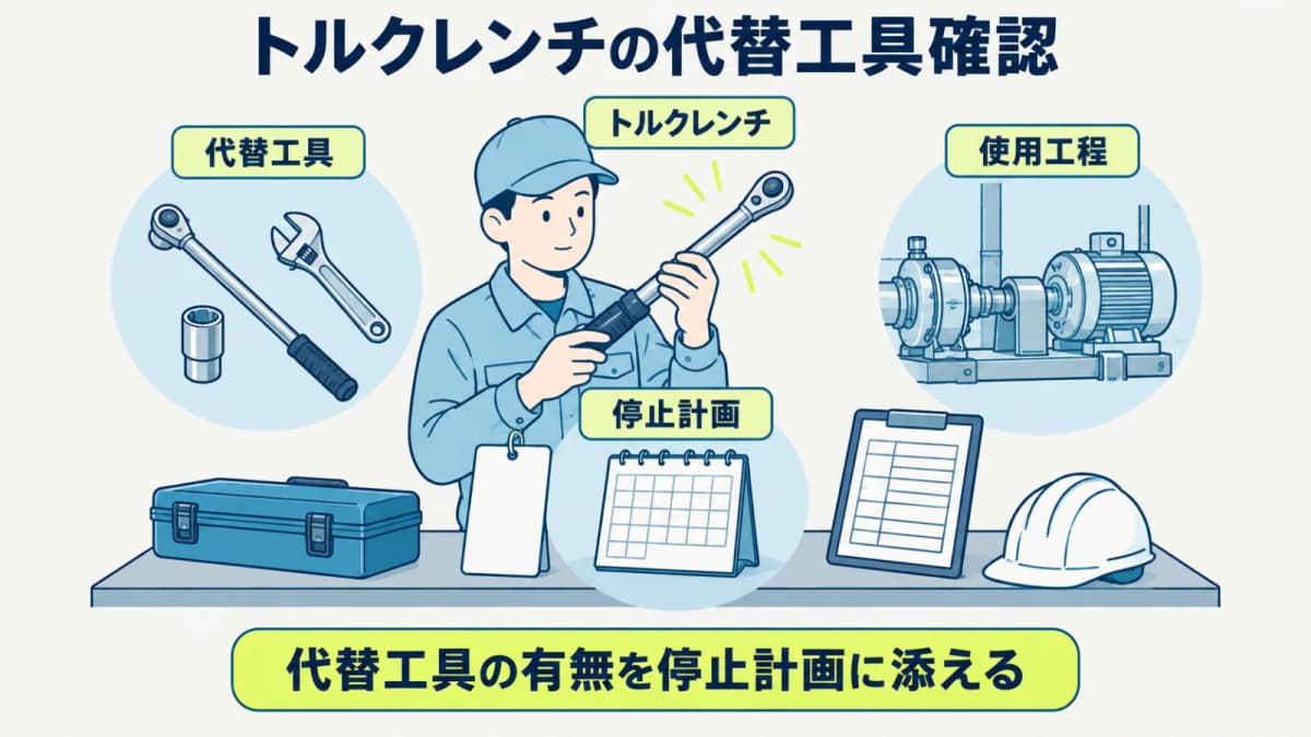 トルクレンチの代替工具と停止計画を使用工程ごとに確認する