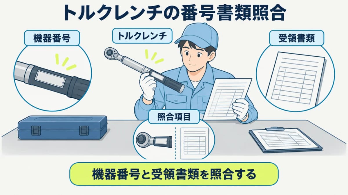 トルクレンチの機器番号と受領書類を照合する