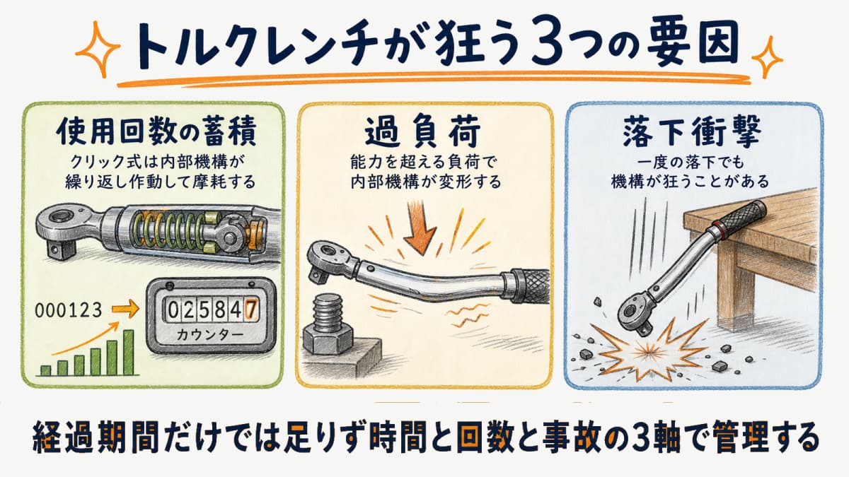 トルクレンチが指示値からずれる3つの要因(使用回数の蓄積・過負荷・落下衝撃)を示した図解