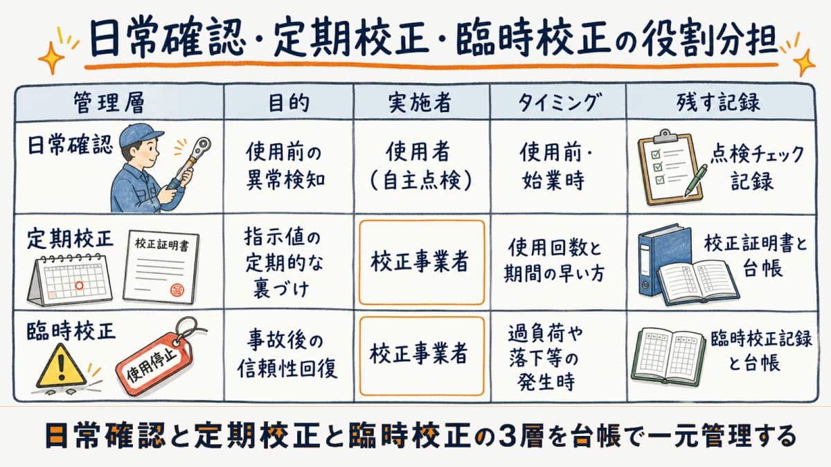 トルクレンチ管理の3層(日常確認・定期校正・臨時校正)の役割分担を整理した早見表の図解
